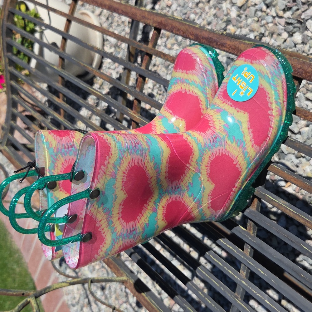 Girls Light Up Rain Boots - Pink, Turquoise & Yellow Tie-Dye Hearts Size 12
